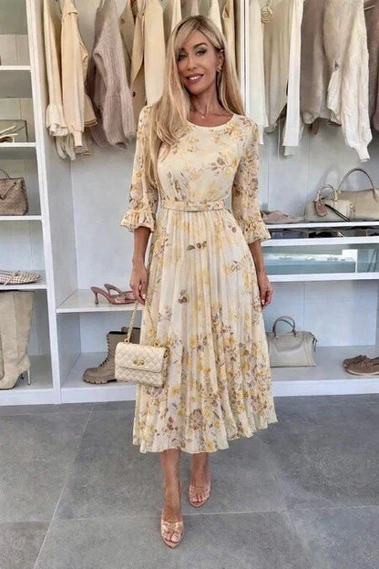 Floral print pleated dress with belt 3/4 sleeves viscose lining