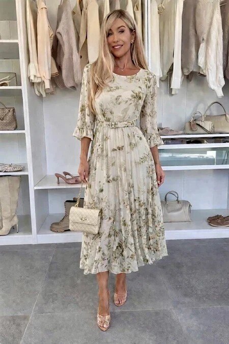 Floral print pleated dress with belt 3/4 sleeves viscose lining