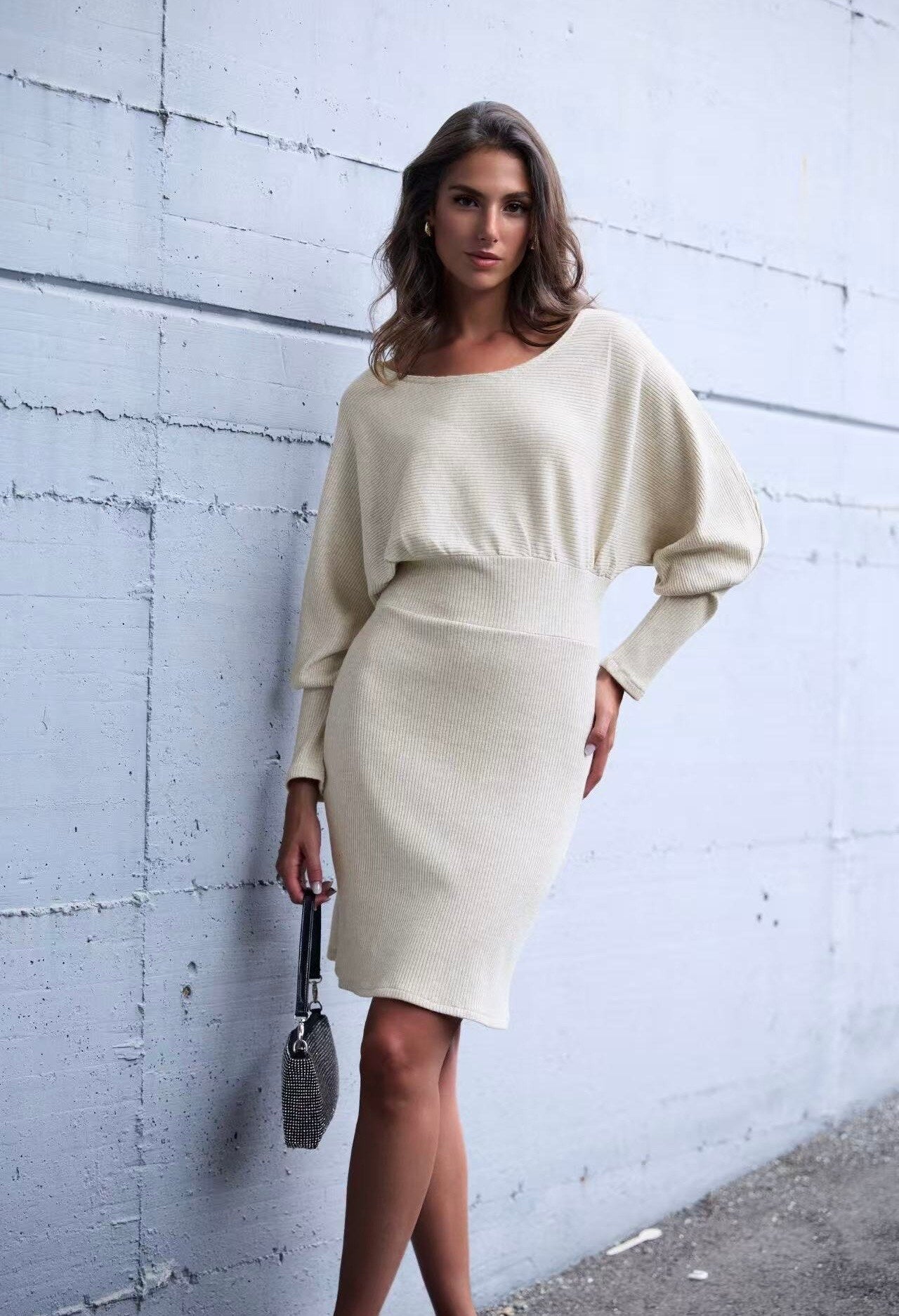 Fitted sweater dress in shiny material