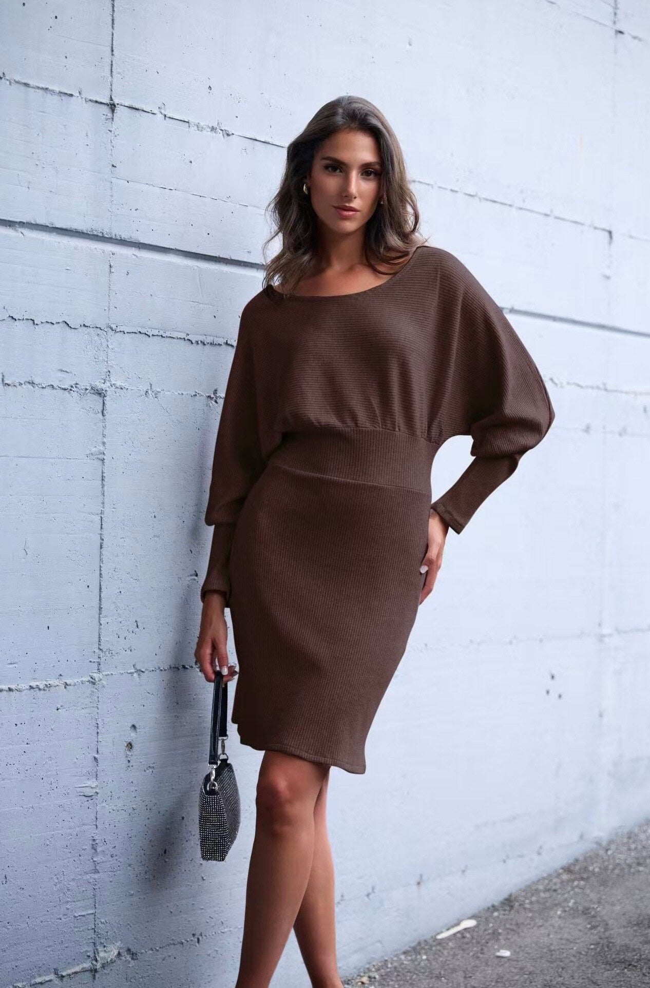 Fitted sweater dress in shiny material