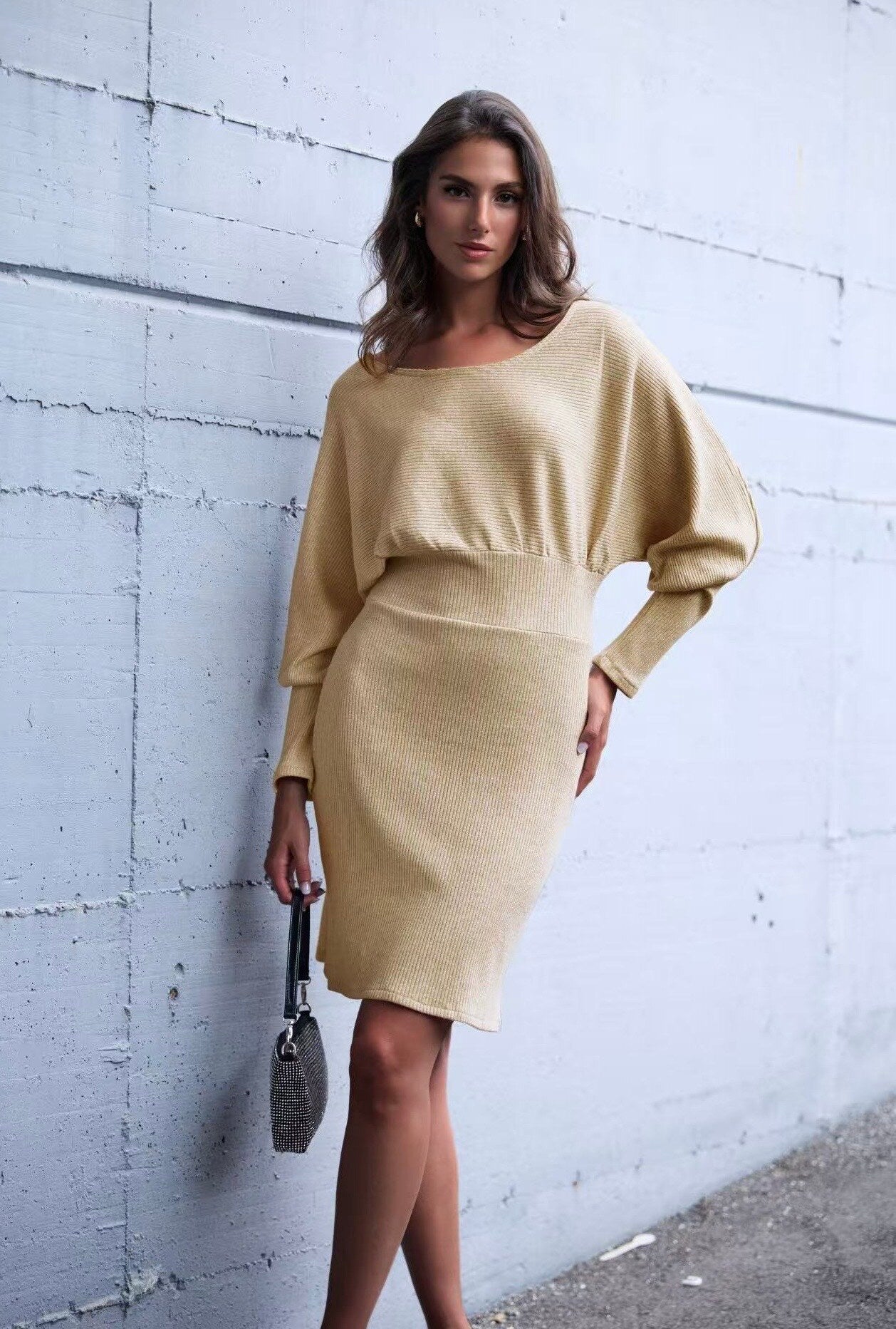 Fitted sweater dress in shiny material