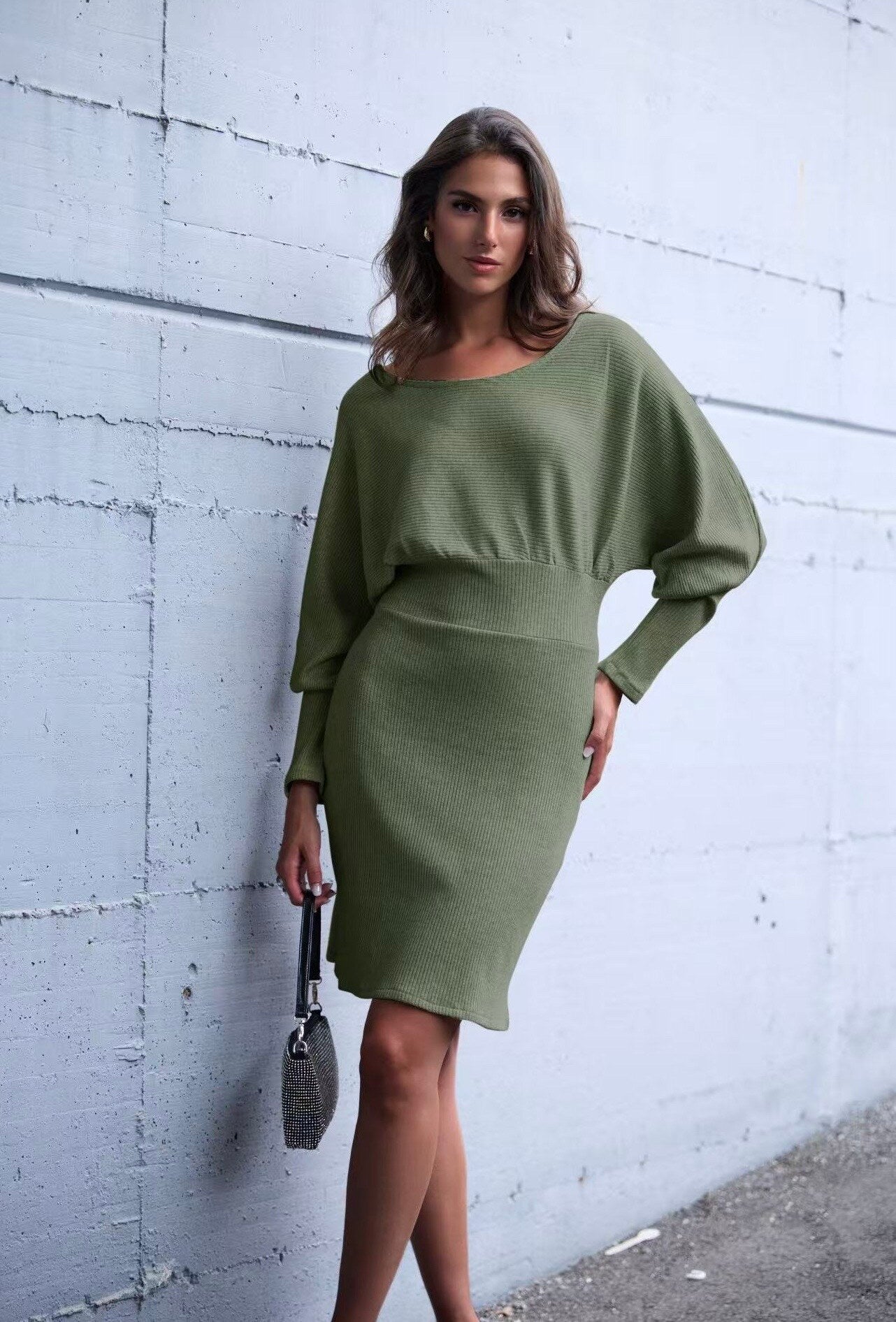 Fitted sweater dress in shiny material