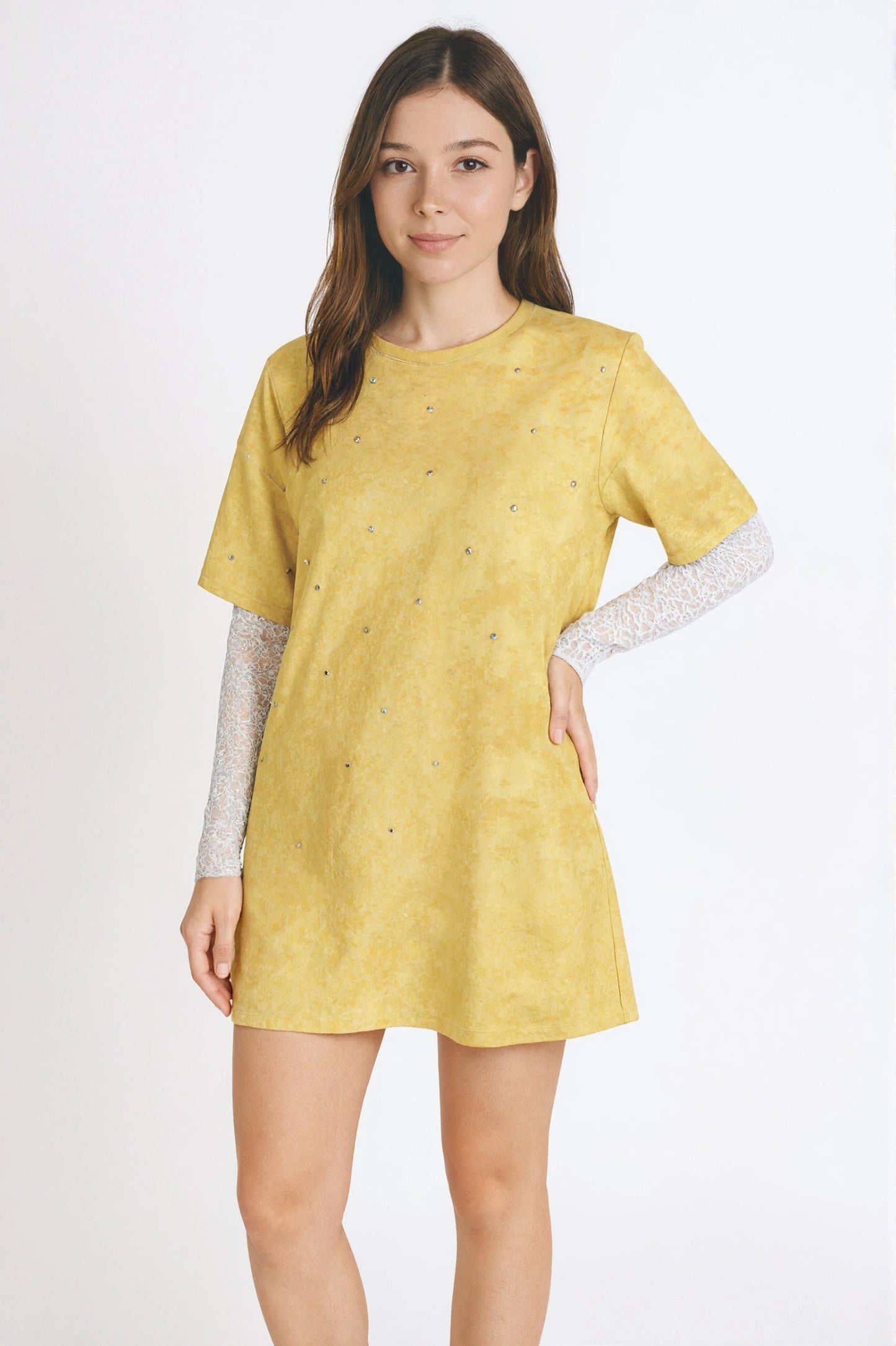 Oversized washed T-shirt with rhinestones and lace long sleeves