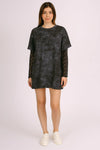 Oversized washed T-shirt with rhinestones and lace long sleeves