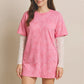 Oversized washed T-shirt with rhinestones and lace long sleeves