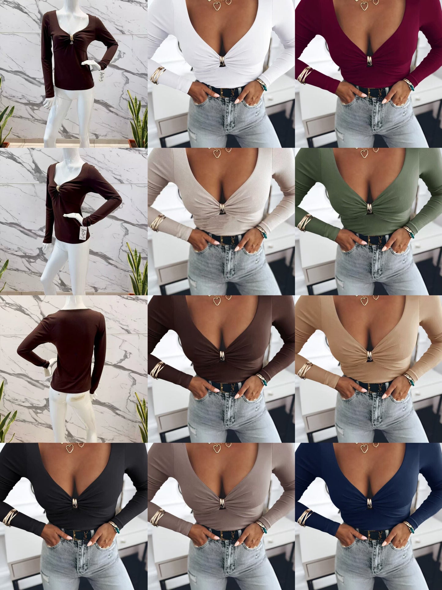 Top with neckline with long sleeve ring