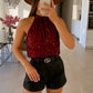Sequined velvet top with bow at the back