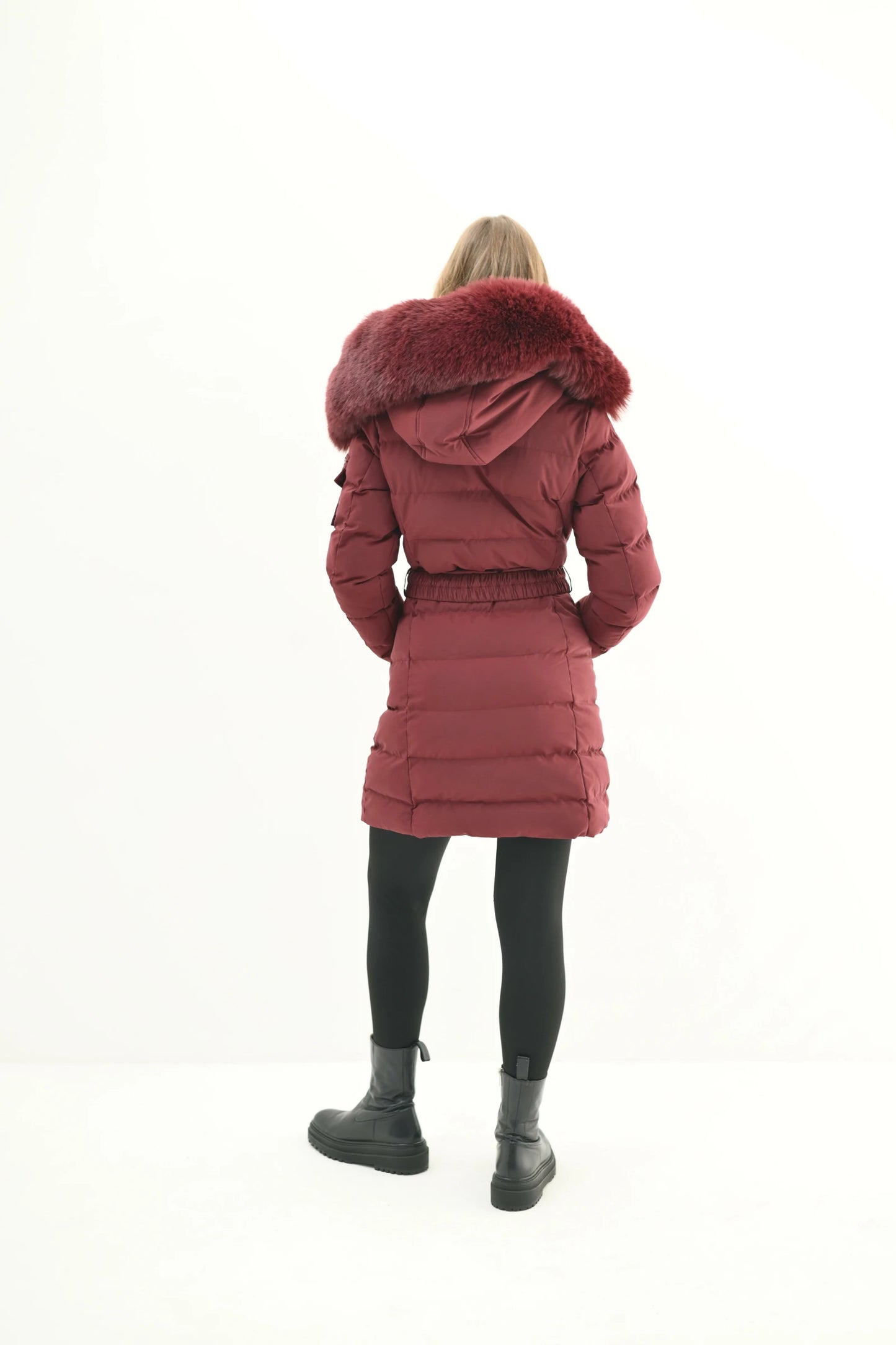 VALENTINA - Faux fur puffer jacket, belt, zippered pockets, removable hood