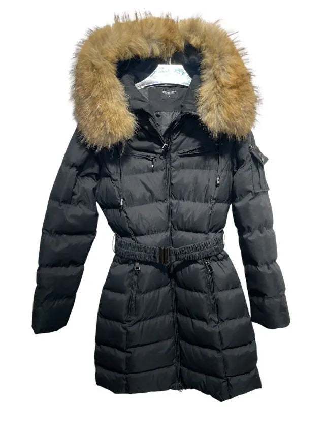 VALENTINA - Faux fur puffer jacket, belt, zippered pockets, removable hood