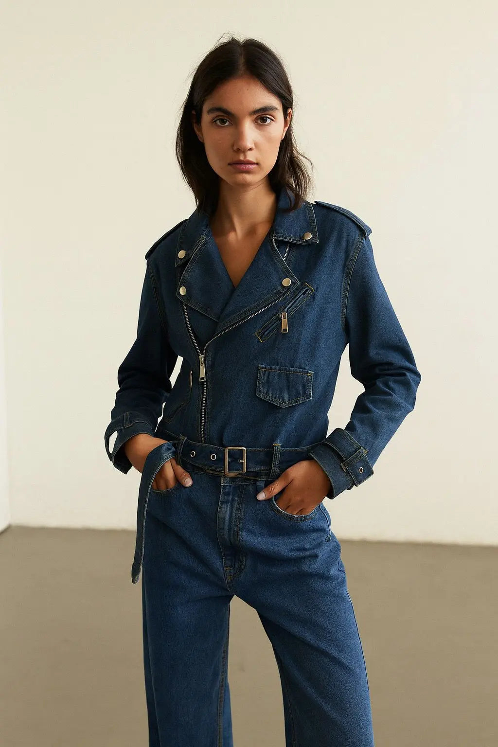 Denim biker jacket with belt and asymmetric zip, rock chic style