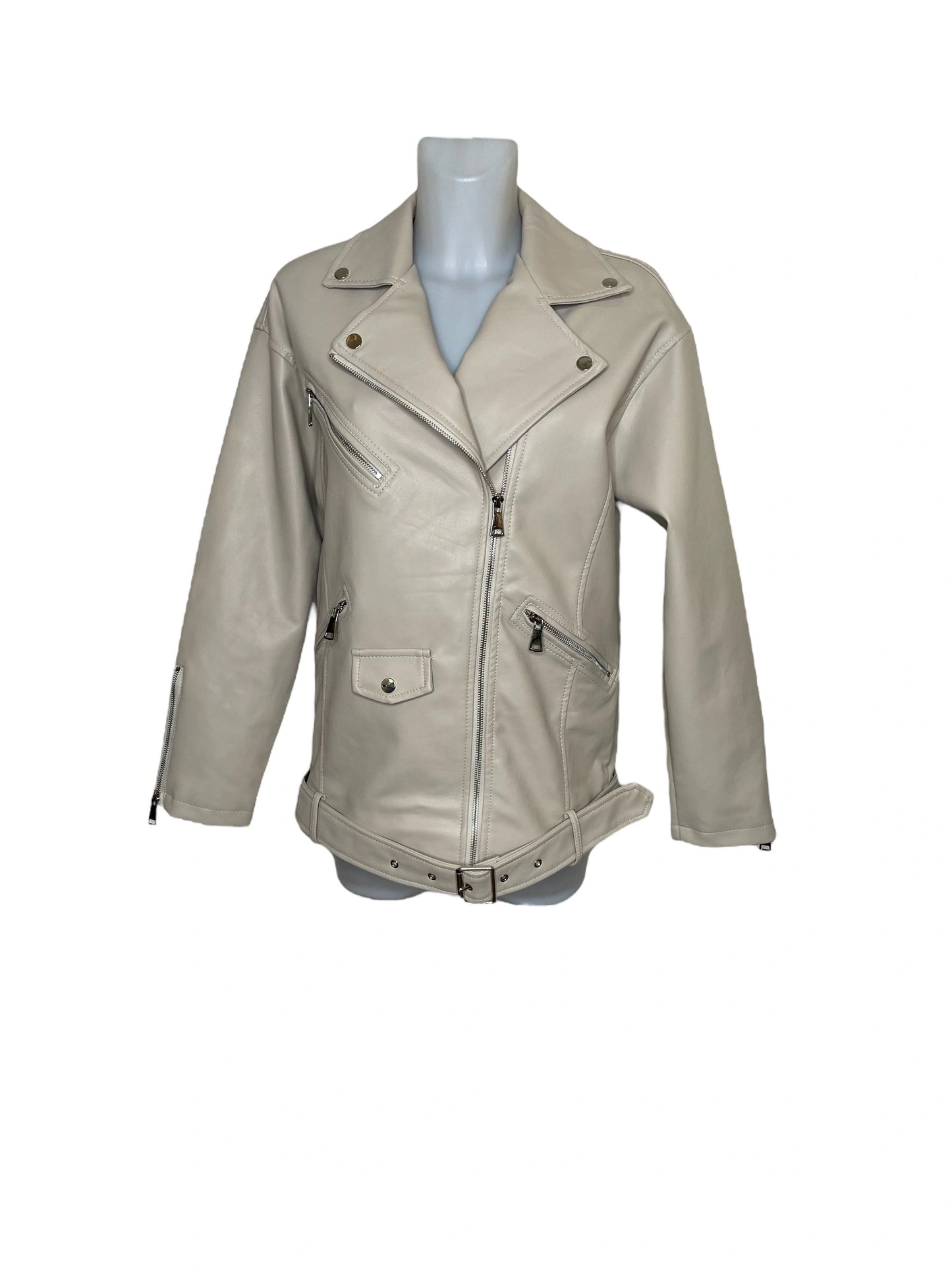 Oversized faux leather belted biker jacket with zips