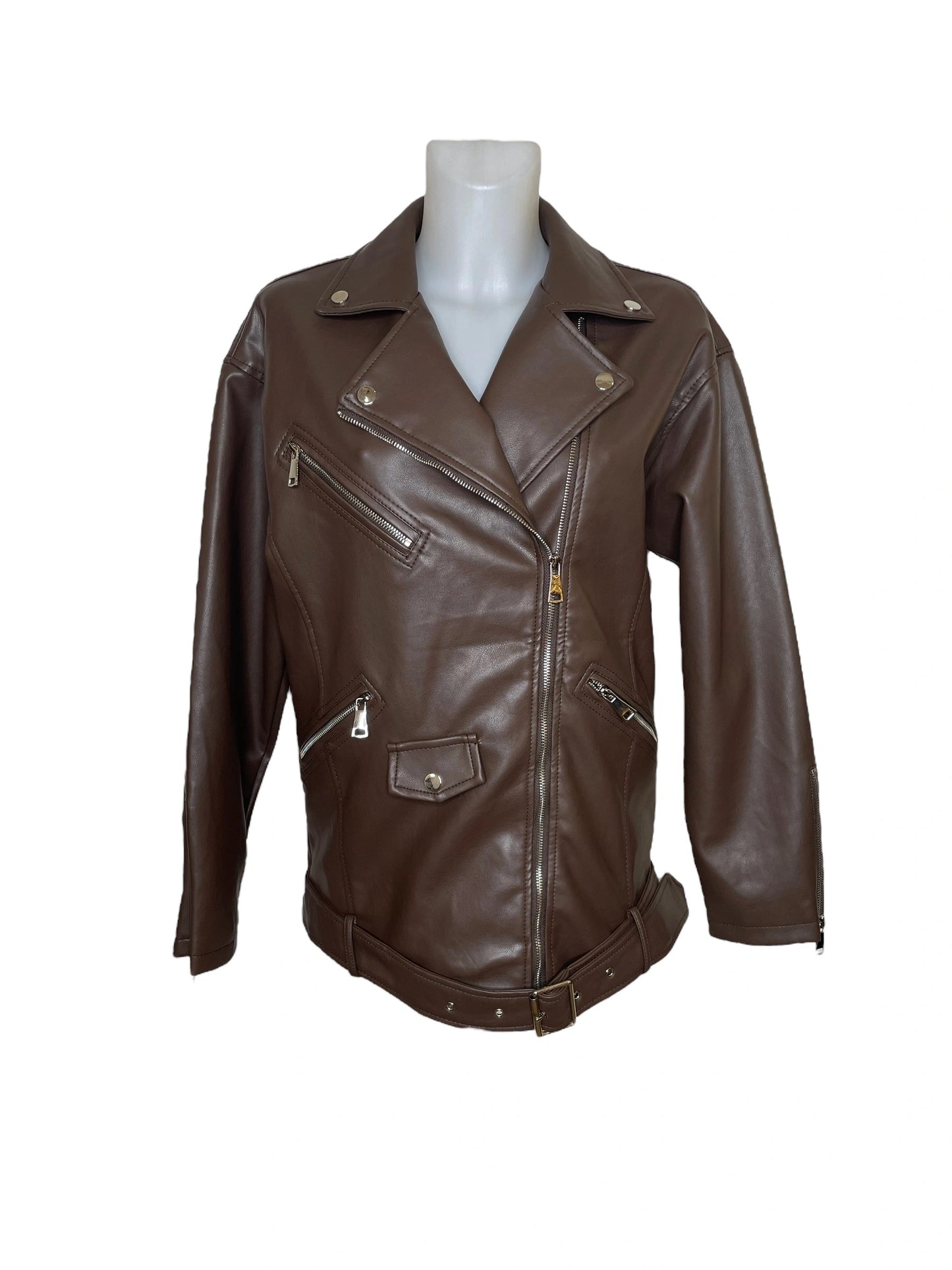 Oversized faux leather belted biker jacket with zips