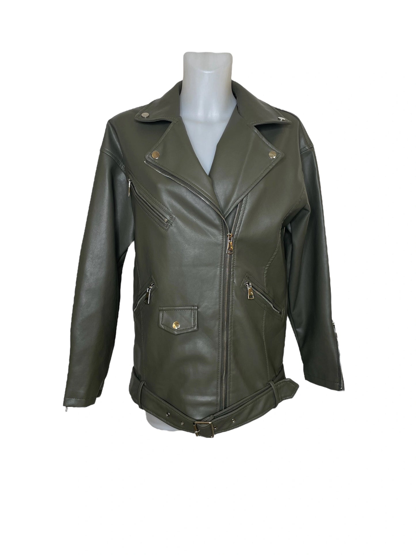Oversized faux leather belted biker jacket with zips