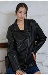 Oversized faux leather belted biker jacket with zips