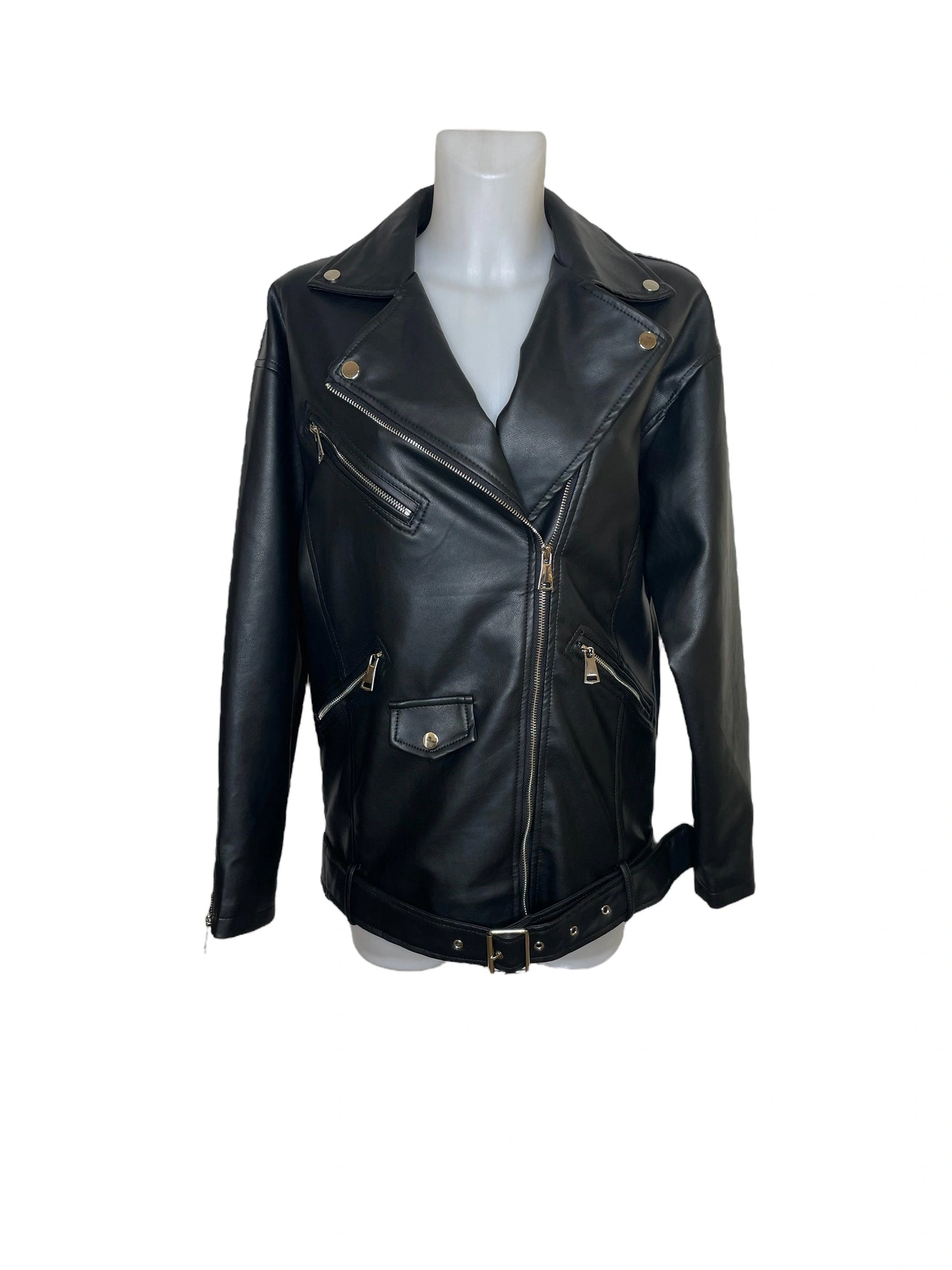Oversized faux leather belted biker jacket with zips