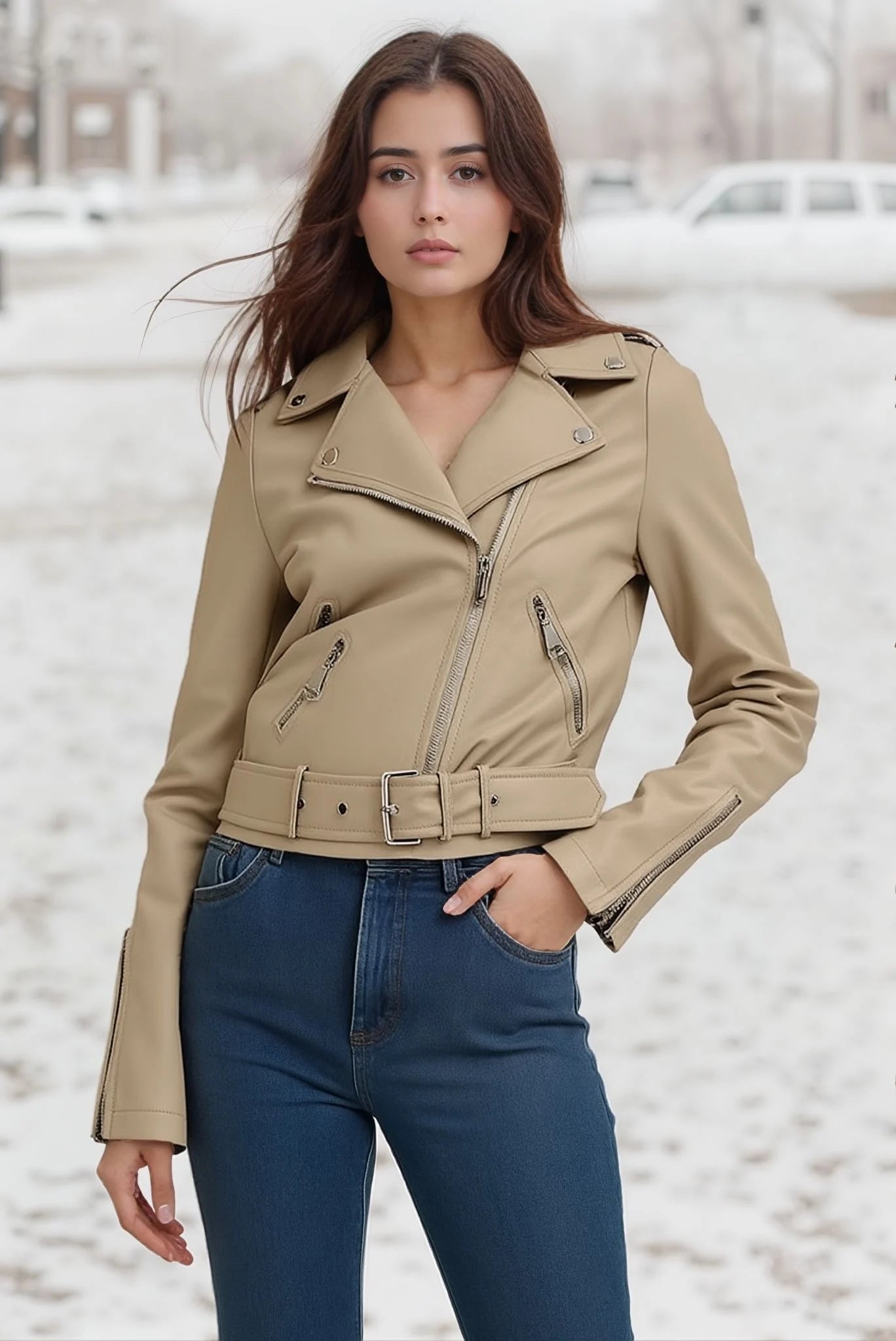 Zip-up faux leather biker jacket – cropped fit with a notched collar