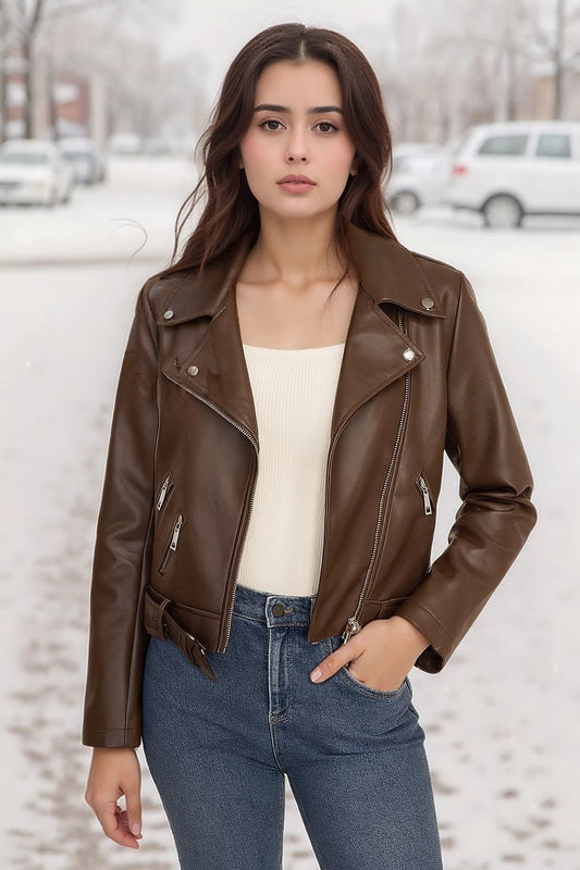 Zip-up faux leather biker jacket – cropped fit with a notched collar