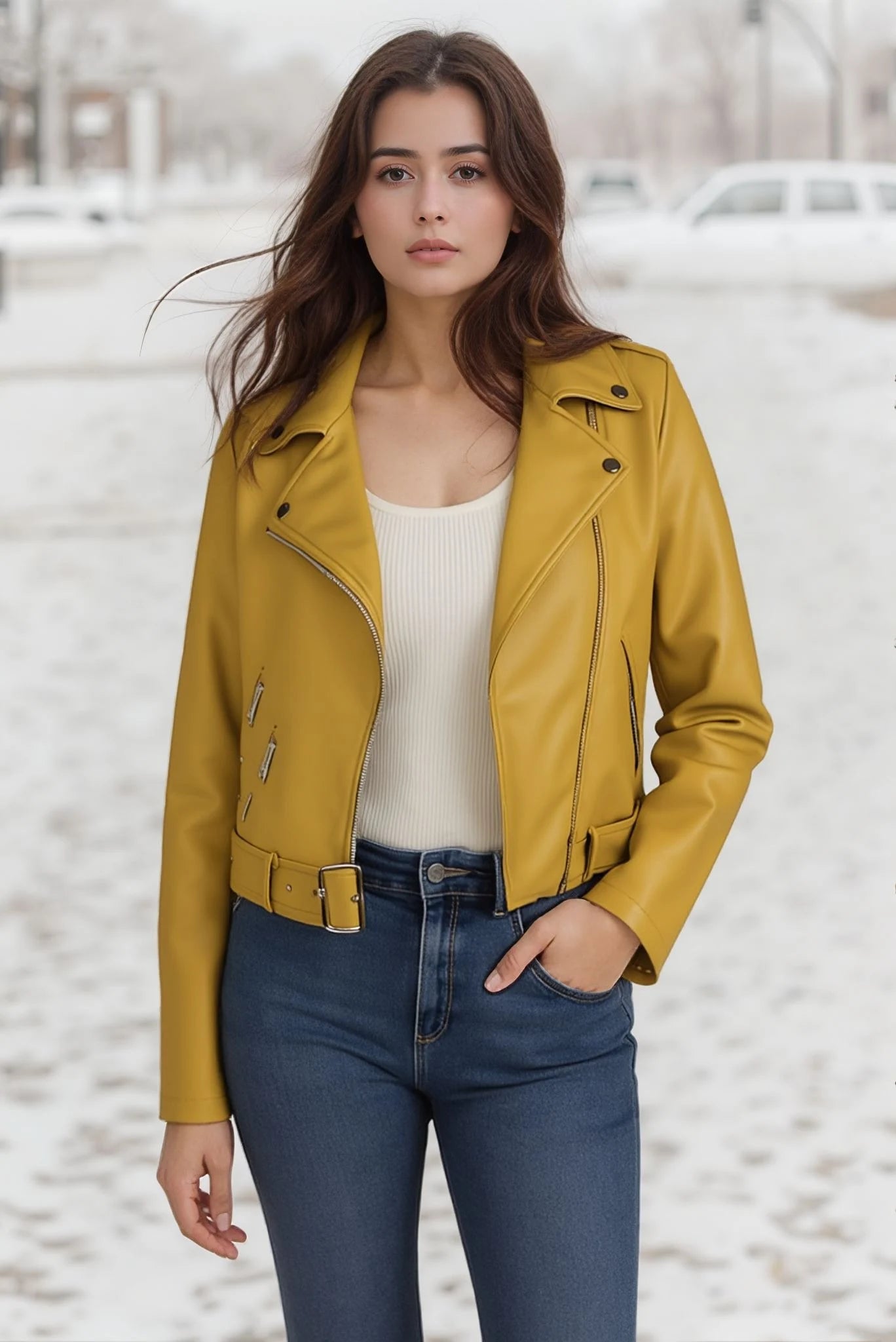 Zip-up faux leather biker jacket – cropped fit with a notched collar