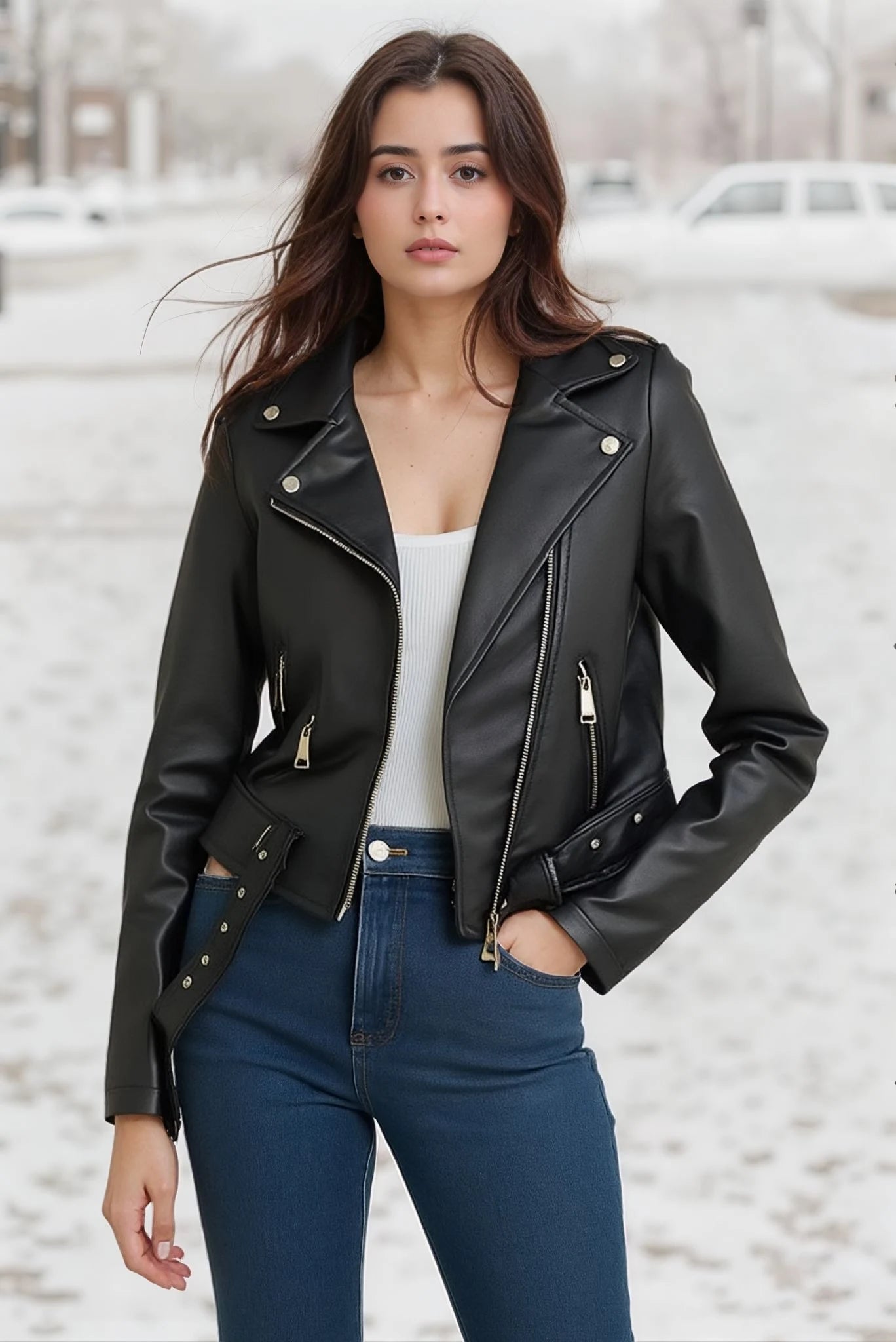 Zip-up faux leather biker jacket – cropped fit with a notched collar