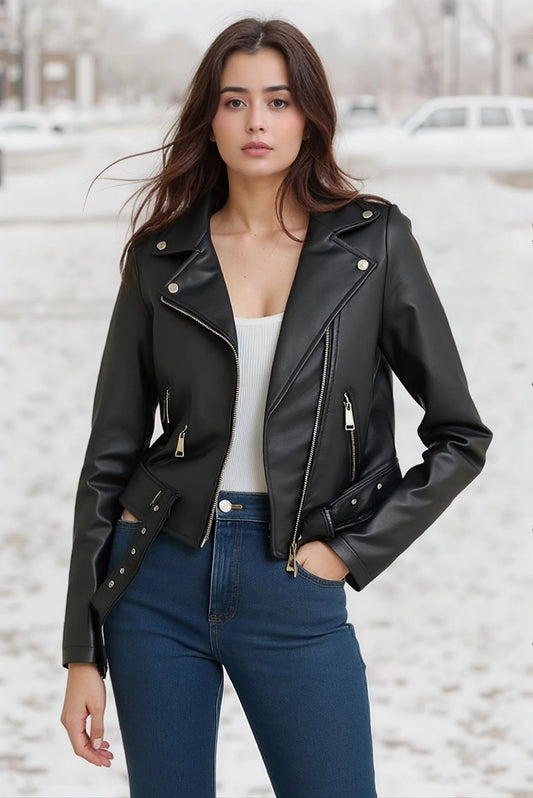 Zip-up faux leather biker jacket – cropped fit with a notched collar