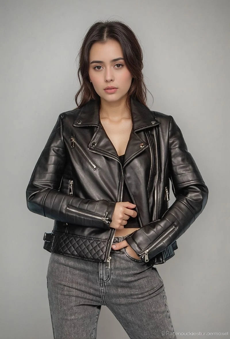 Short faux leather jacket with quilted stitching and zip details