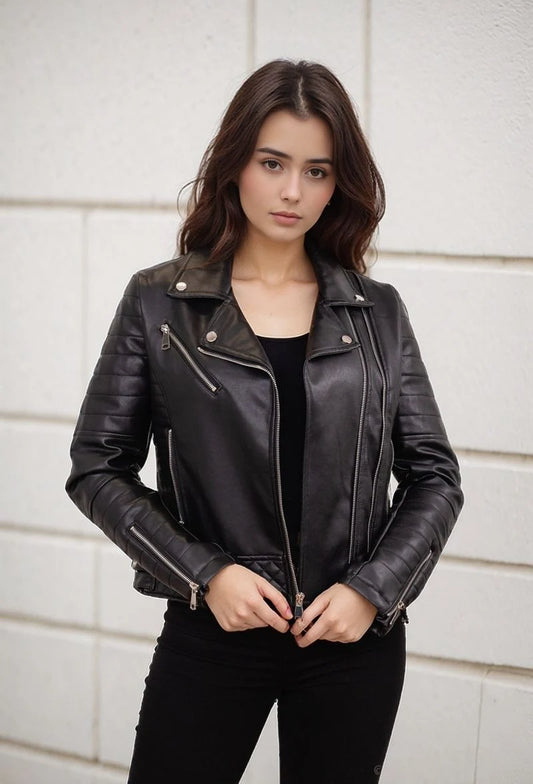 Short faux leather jacket with quilted stitching and zip details