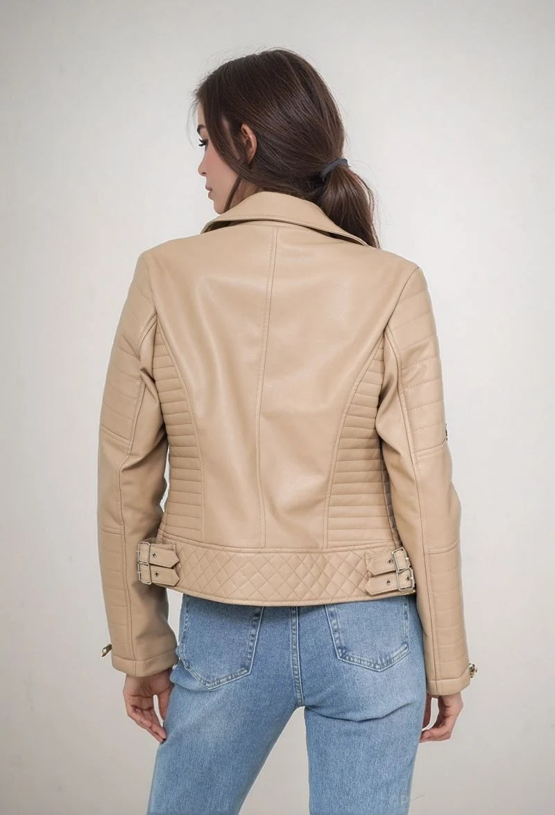 Short faux leather jacket with quilted stitching and zip details