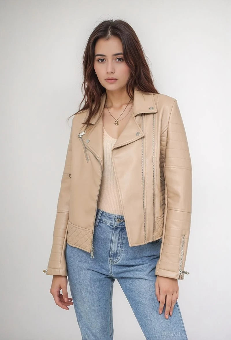 Short faux leather jacket with quilted stitching and zip details