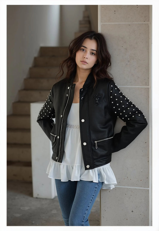Short faux leather biker jacket with zip and quilted details