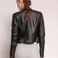 Short faux leather biker jacket with zip and quilted details