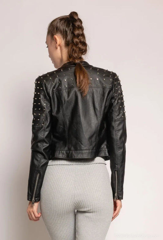 Short faux leather biker jacket with zip and quilted details