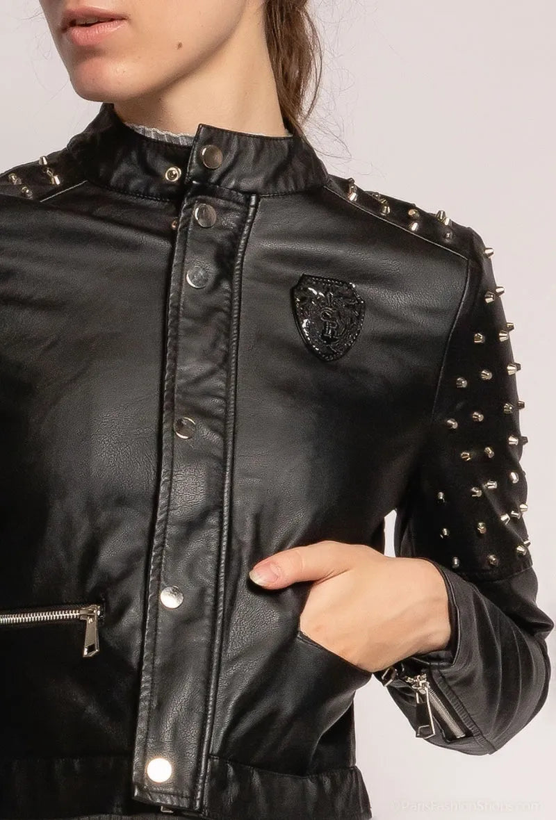 Short faux leather biker jacket with zip and quilted details
