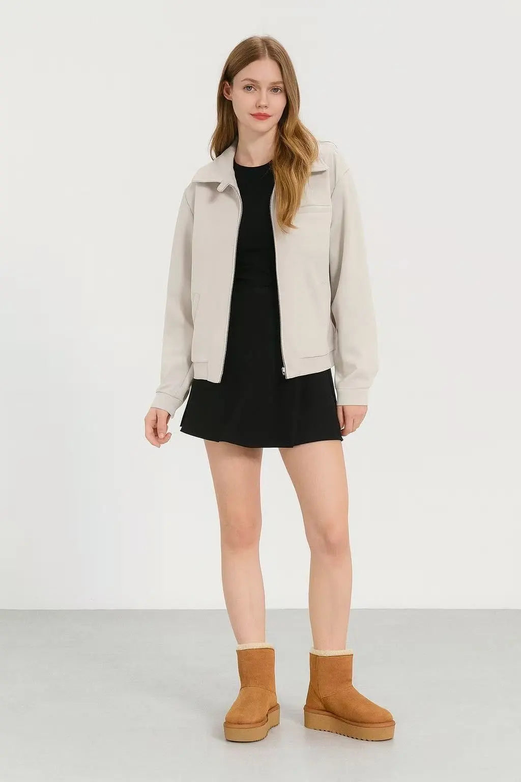 Satin Short Jacket – Shirt Collar – Loose Long Sleeves