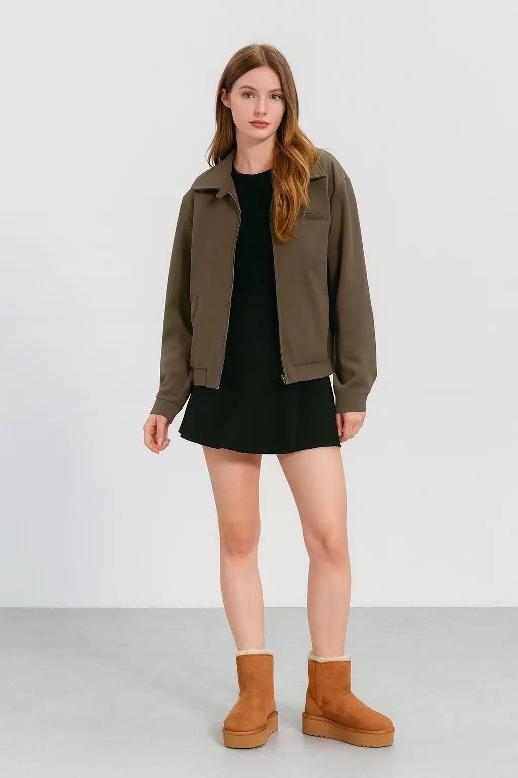 Satin Short Jacket – Shirt Collar – Loose Long Sleeves