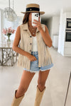 Sleeveless faux suede fringe vest with buttons