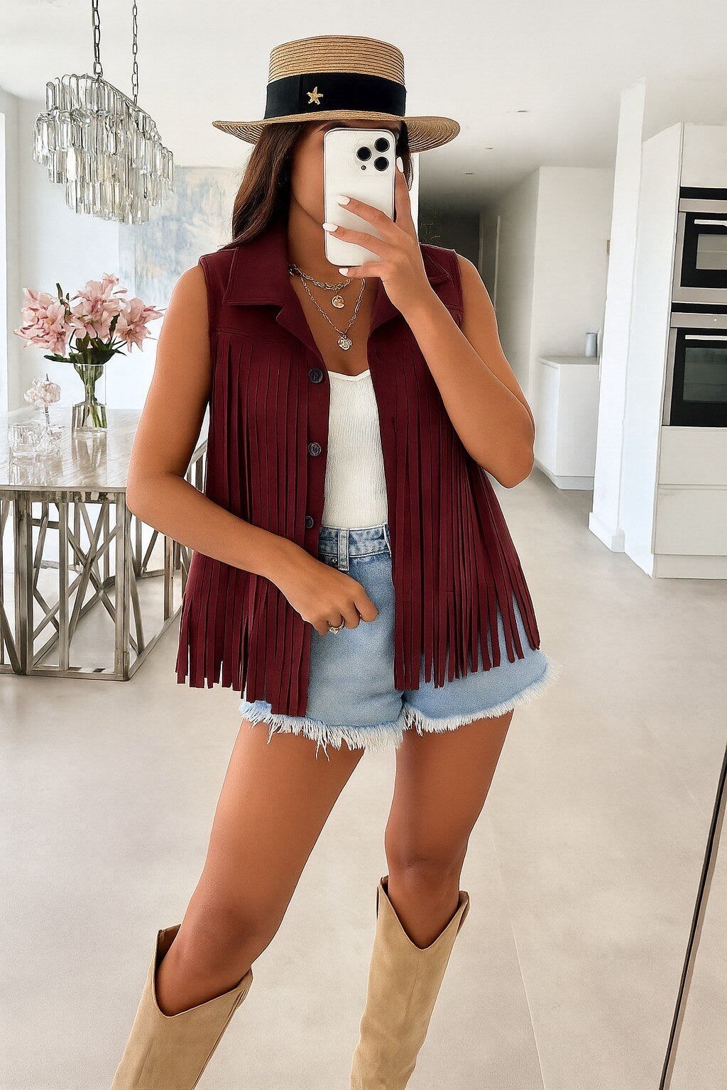 Sleeveless faux suede fringe vest with buttons