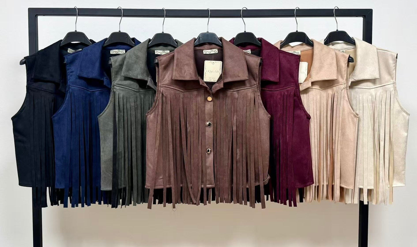 Sleeveless faux suede fringe vest with buttons