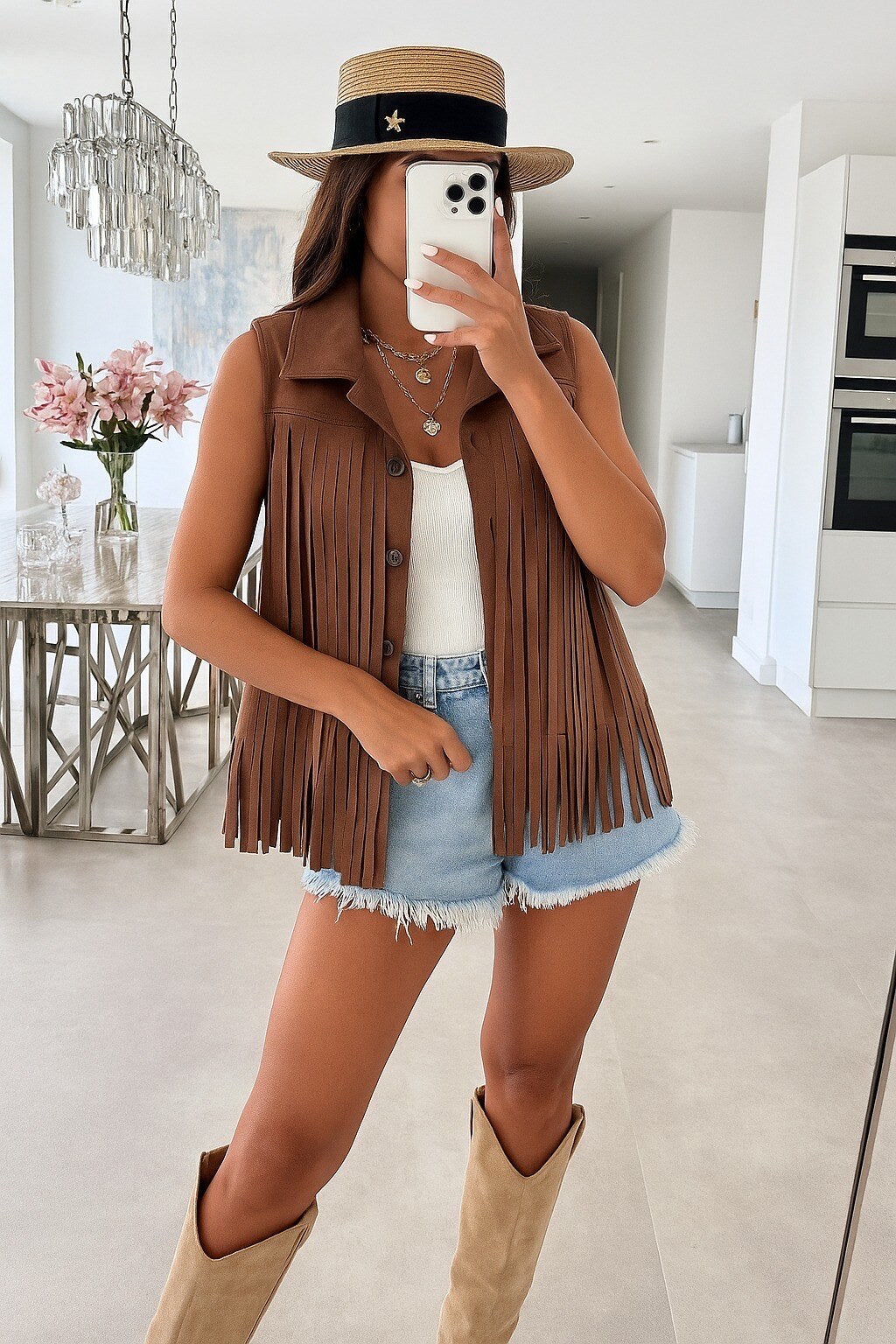 Sleeveless faux suede fringe vest with buttons