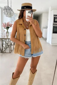 Sleeveless faux suede fringe vest with buttons
