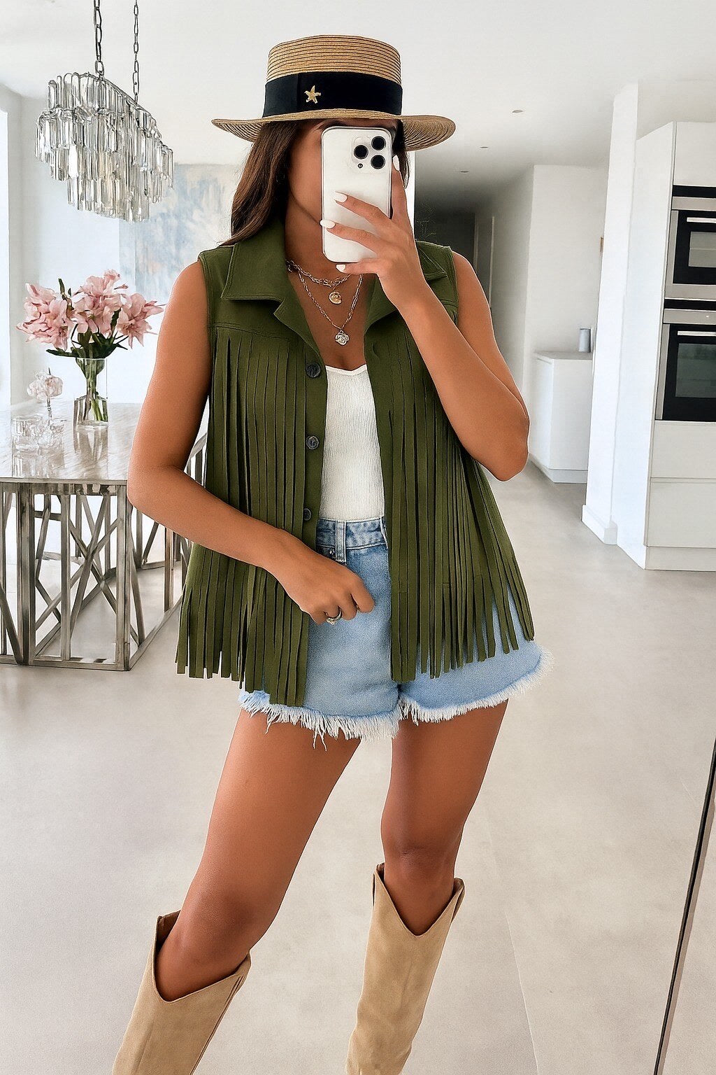 Sleeveless faux suede fringe vest with buttons