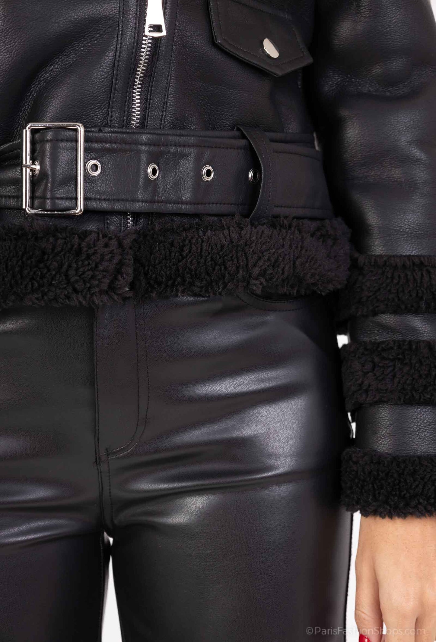 Imitation leather jacket with fur