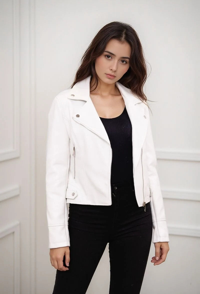 Smooth faux leather jacket, cropped cut, notched collar, and silver zips for a bold look.