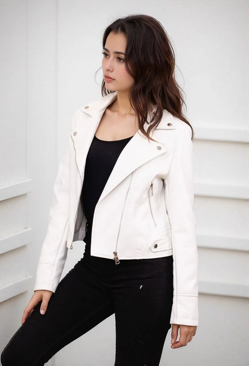 Smooth faux leather jacket, cropped cut, notched collar, and silver zips for a bold look.