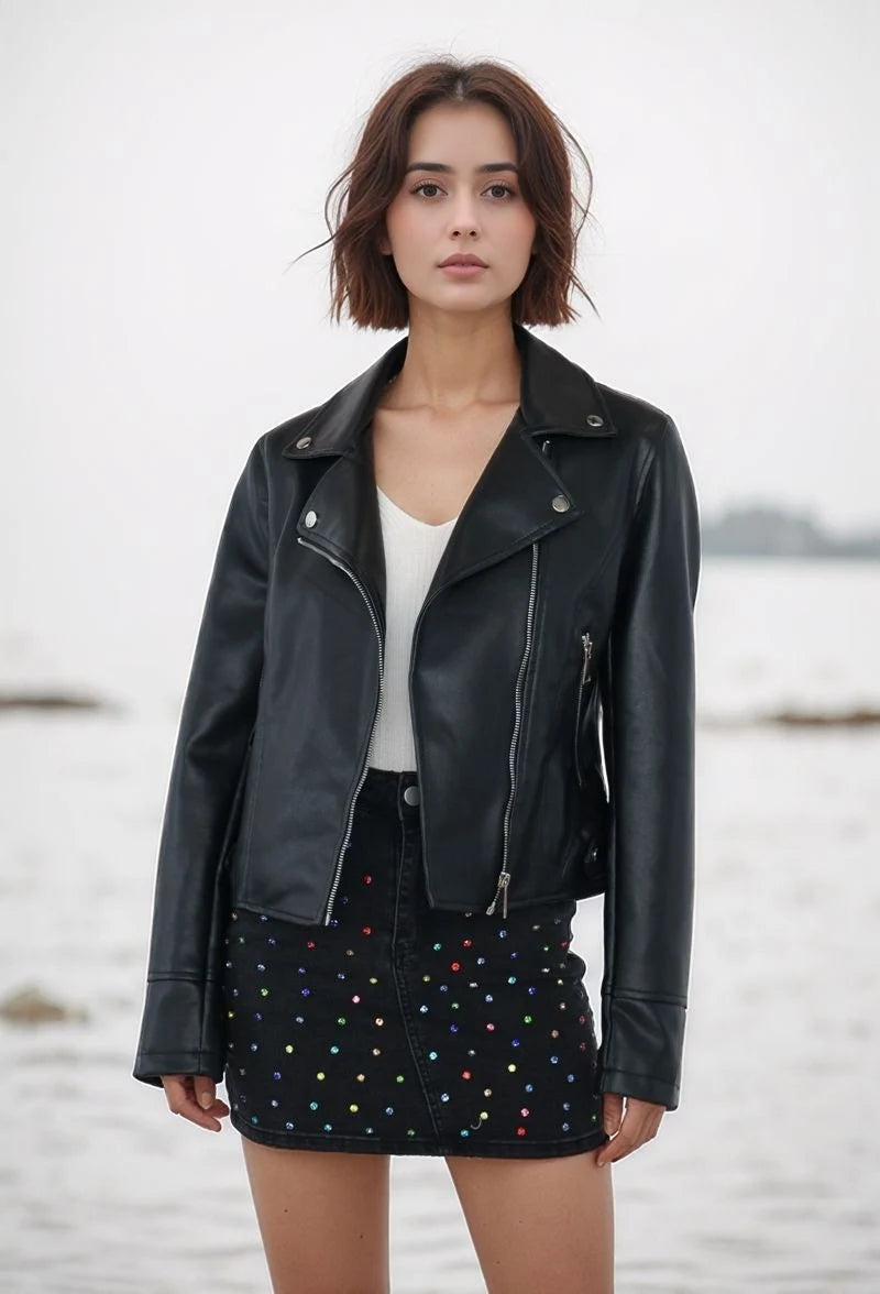 Smooth faux leather jacket, cropped cut, notched collar, and silver zips for a bold look.