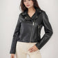Smooth faux leather jacket, cropped cut, notched collar, and silver zips for a bold look.