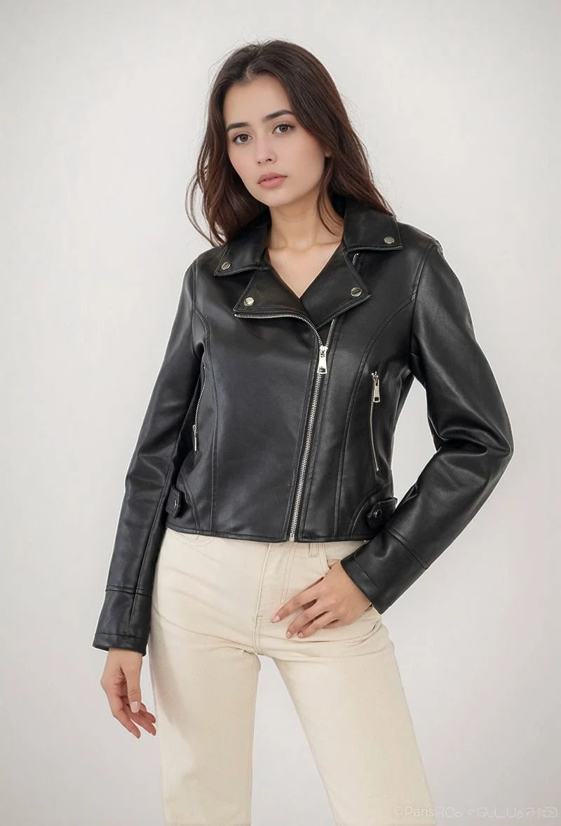 Smooth faux leather jacket, cropped cut, notched collar, and silver zips for a bold look.