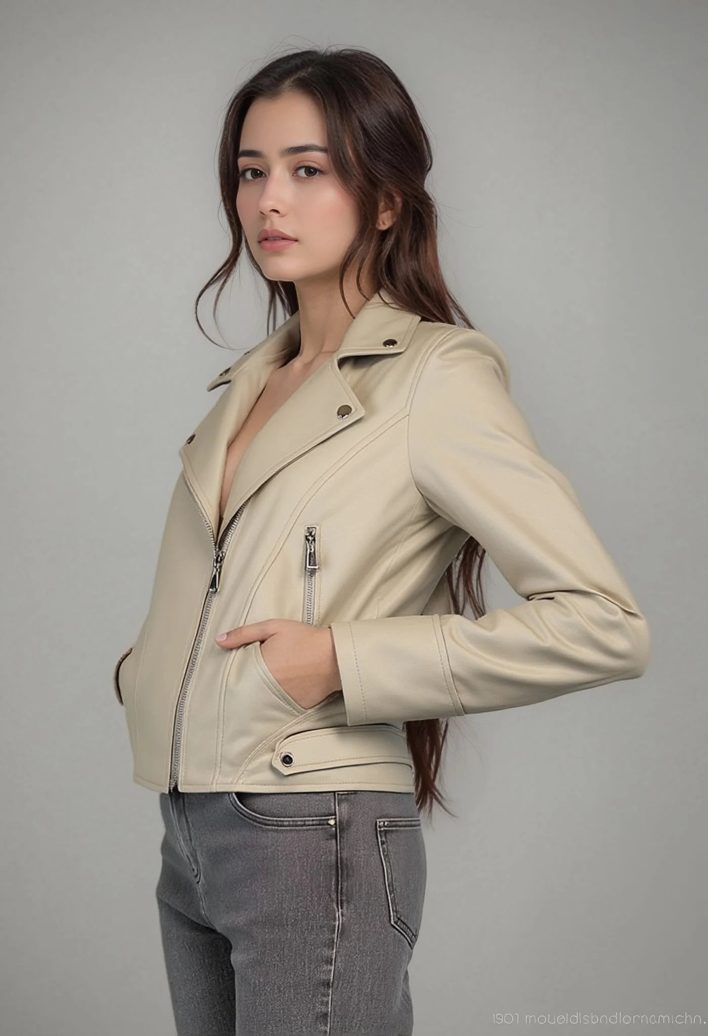 Smooth faux leather jacket, cropped cut, notched collar, and silver zips for a bold look.