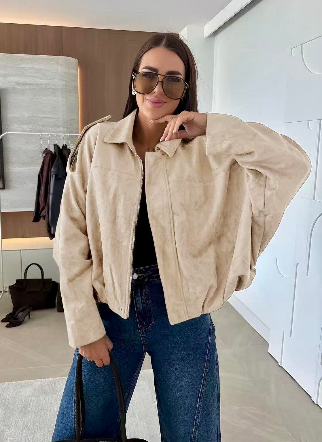 Oversize jacket with ultra trendy suede effect lining