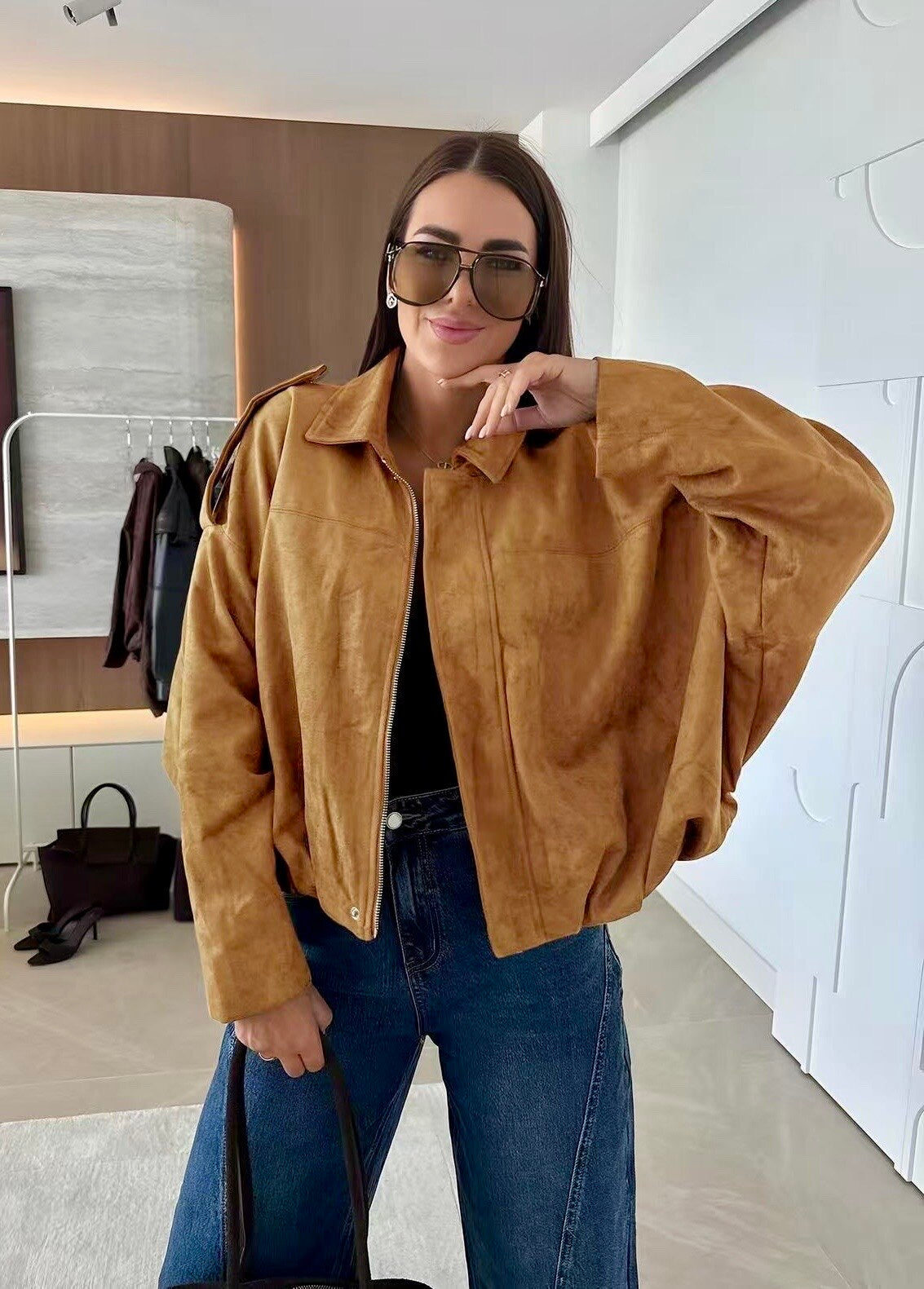 Oversize jacket with ultra trendy suede effect lining