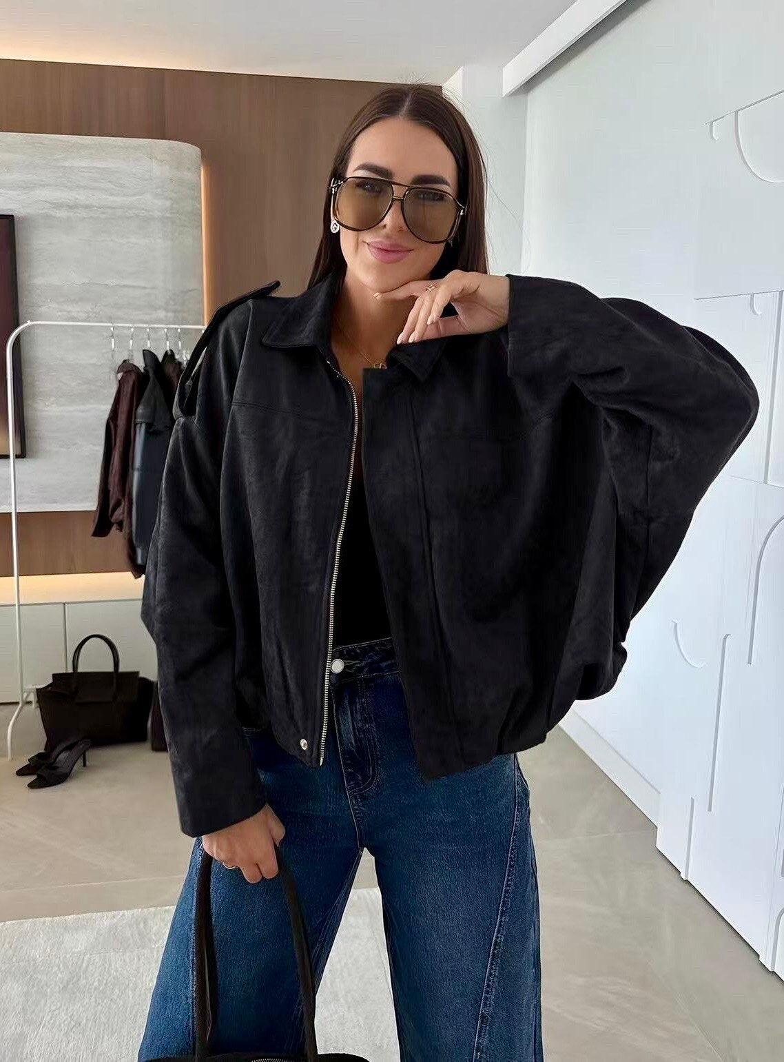 Oversize jacket with ultra trendy suede effect lining